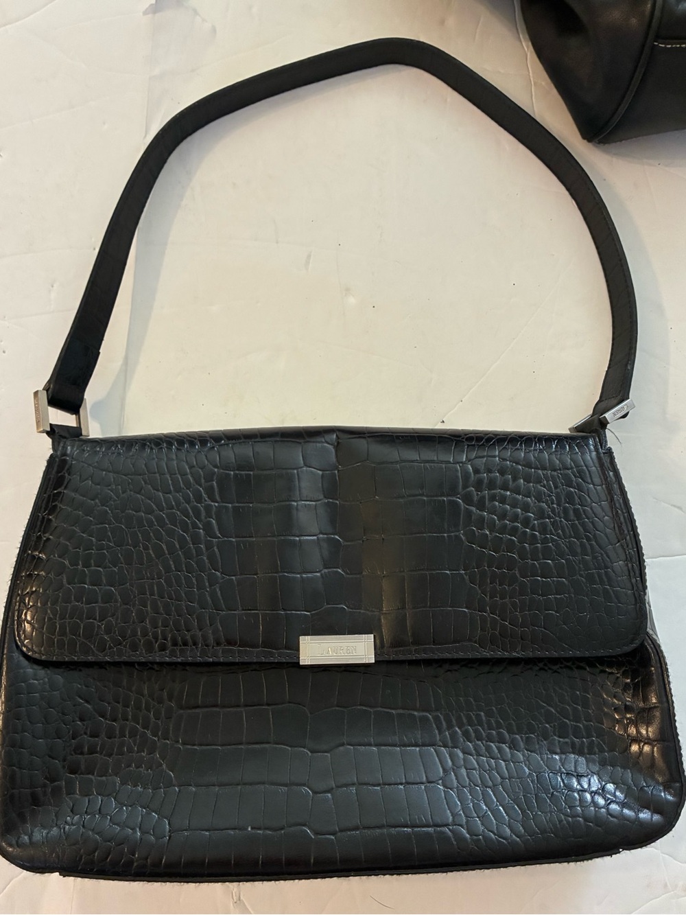 Ralph Lauren Black Croc-Embossed Shoulder Bag
